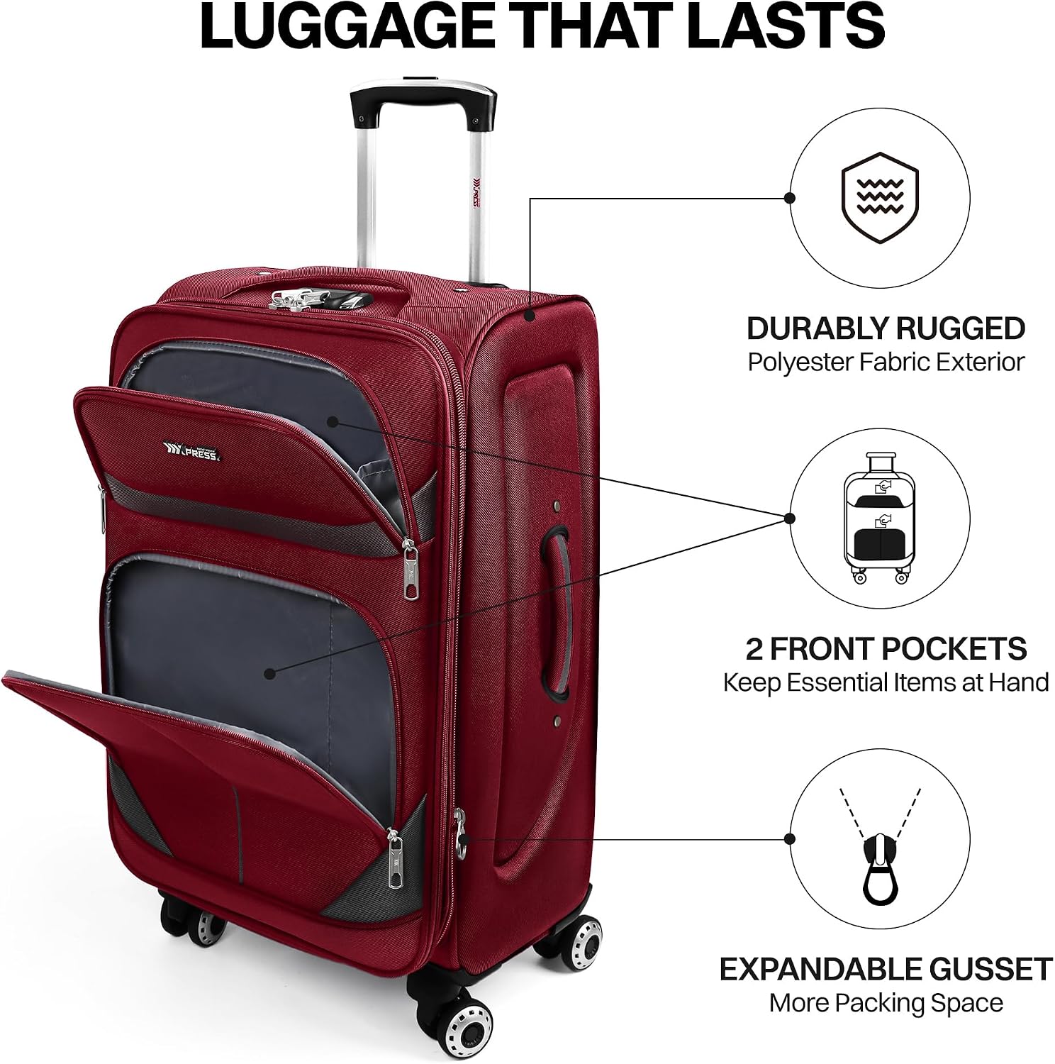 3-Piece Softside Expandable Luggage Set with Front Open Pocket,Lightweight Durable Suitcase Sets Double Spinner Wheels & w/LOCK（Burgundy-Grey,20in/24in/28in）