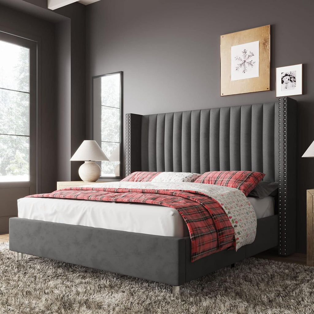 Jocisland King Bed Frame with 49.2' Tall Wingback Headboard, Velvet Upholstered Platform Bed, No Box Spring Needed, Noise-Free, for Family with Kids, Pet Owners & Master Bedroom, Grey