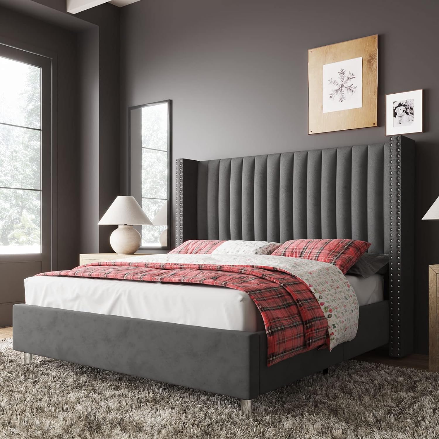 Jocisland King Bed Frame with 49.2' Tall Wingback Headboard, Velvet Upholstered Platform Bed, No Box Spring Needed, Noise-Free, for Family with Kids, Pet Owners & Master Bedroom, Grey