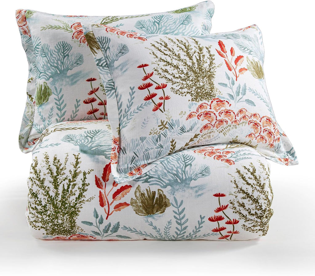 Hiend Accents Oceania Coastal Bedding 3 Piece Queen Comforter Set, Blue Green White Red Coral Print Linen Blend Bedding Set, Classic Chic Casual Bed Set, 1 Comforter and 2 Pillow Shams