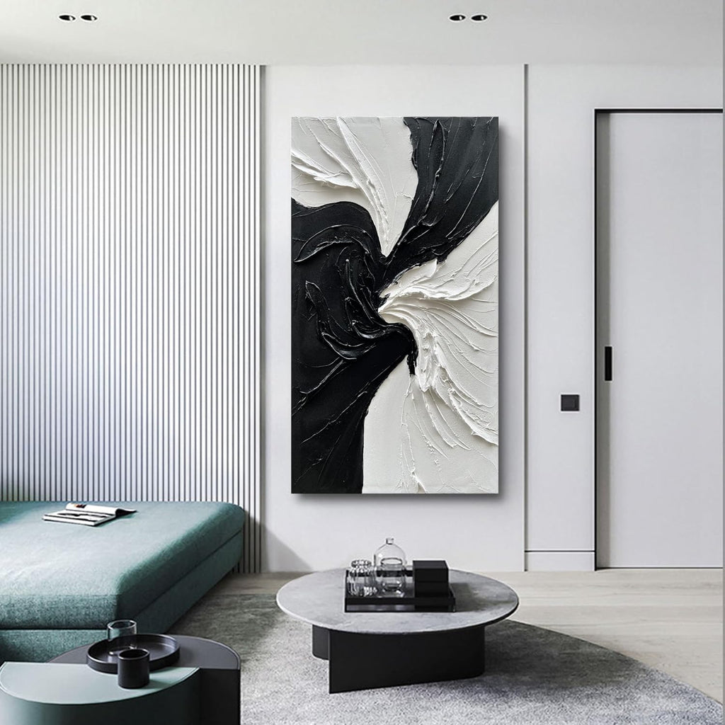Art Hand-Painted White and Black Texture Abstract Art Oil Painting Modern Minimalist Art Painter Living Office Corridor Wall Art Deco 48x24 inches