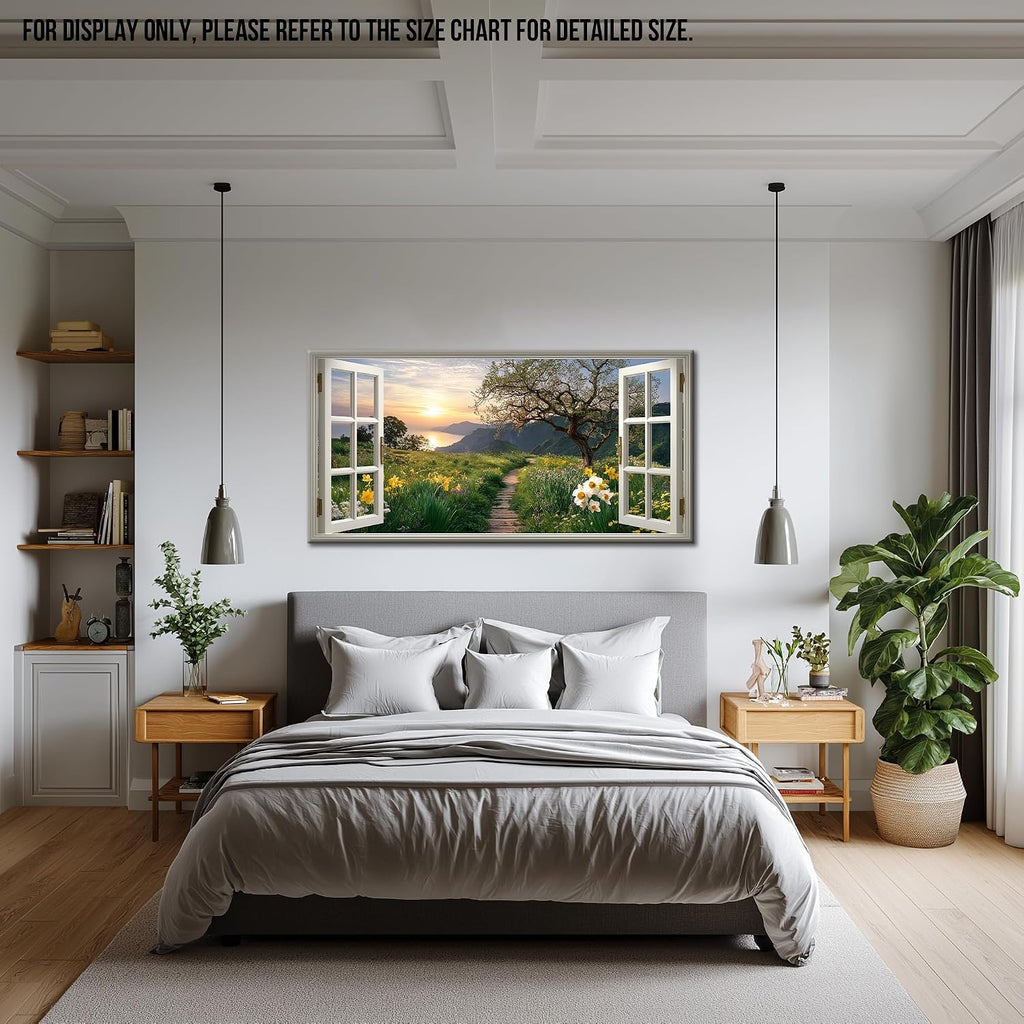 TIMUBA Spring Wall Art Decor - Fake Window Sunrise Coastal Scenery Canvas Painting, Spring Nature Mountains Landscape Wildflowers Pictures Wall Decor, Floral Framed Artwork for Living Room 60x30 Inch