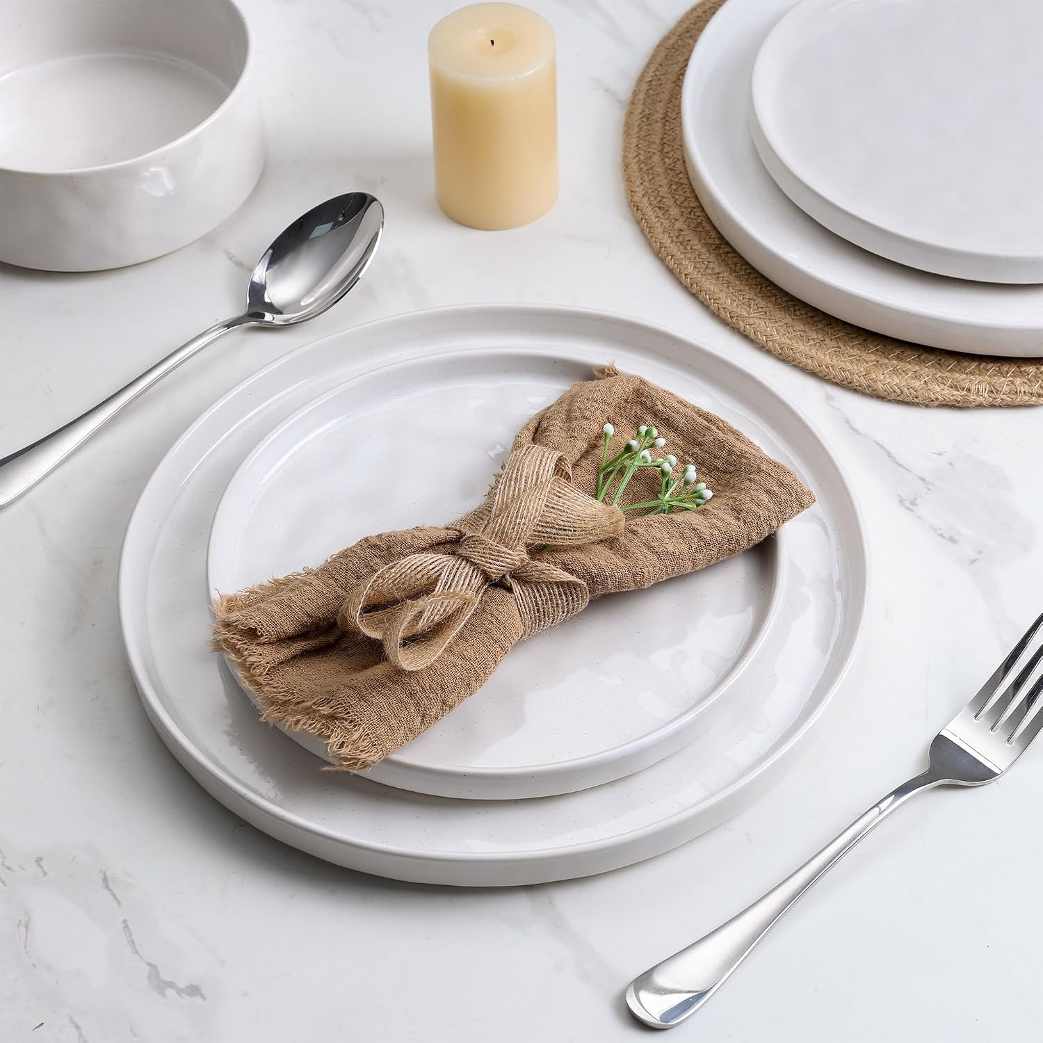 LIANYU 24 Piece Dinnerware Sets for 8, Stoneware Plates and Bowls Dish Set, Kitchen Dinner Ware Speckled Dining Dishware, Microwave & Dishwasher Safe, Polar White
