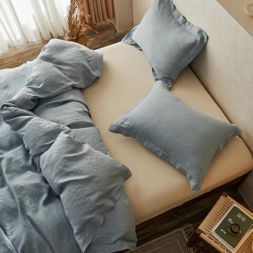 Simple&Opulence 100% Linen Duvet Cover Set with Crossed Embroidery Washed - 3 Pieces (1 Duvet Cover with 2 Pillow Shams) Soft Breathable Farmhouse - Dusty Blue, King Size