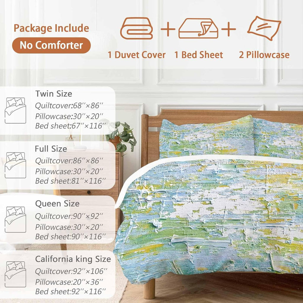 Prime Leader Abstract Geometric Duvet Cover Set Queen Size 4 Pieces Yellow Blue Green Oil Painting Style Bedding Set with Zipper Closure, 1 Comforter Cover 90x92 Inches 1 Flat Sheet & 2 Pillow Cases