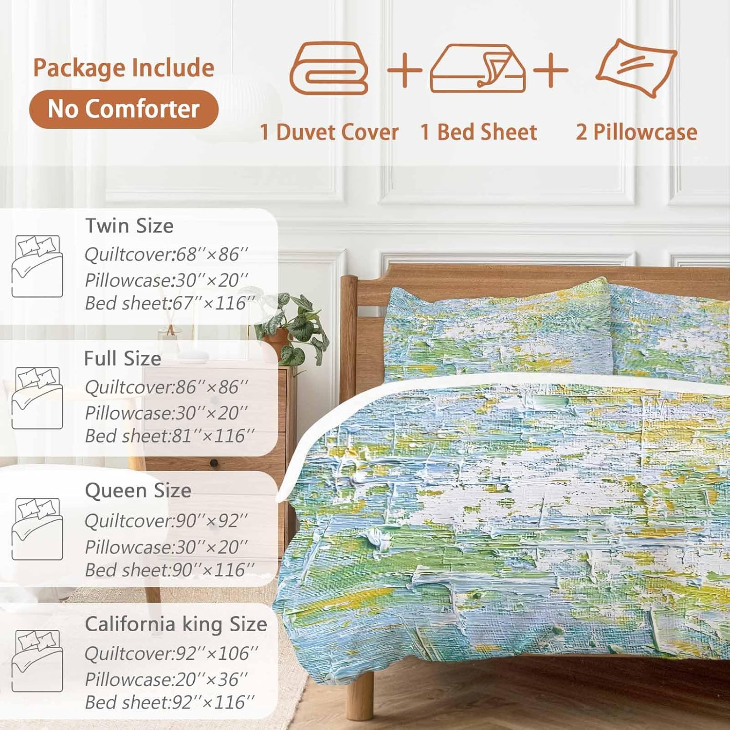 Prime Leader Abstract Geometric Duvet Cover Set Queen Size 4 Pieces Yellow Blue Green Oil Painting Style Bedding Set with Zipper Closure, 1 Comforter Cover 90x92 Inches 1 Flat Sheet & 2 Pillow Cases
