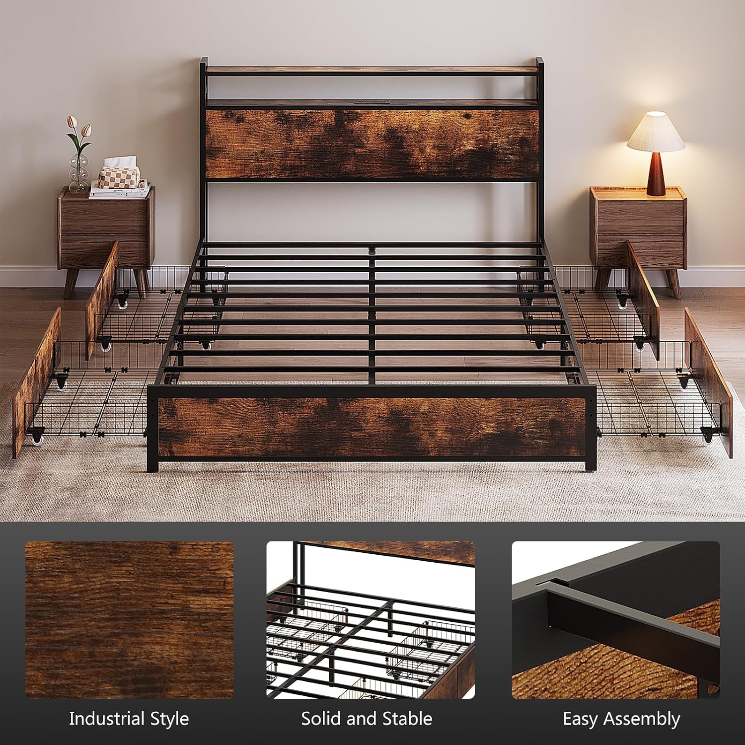 VINGLI King Size Bed Frame with 4 Storage Drawers and LED Headboard Shelves, Metal Platform Bed with Charging Station, No Box Spring Needed, Noise Free, Easy Assembly, Vintage Brown