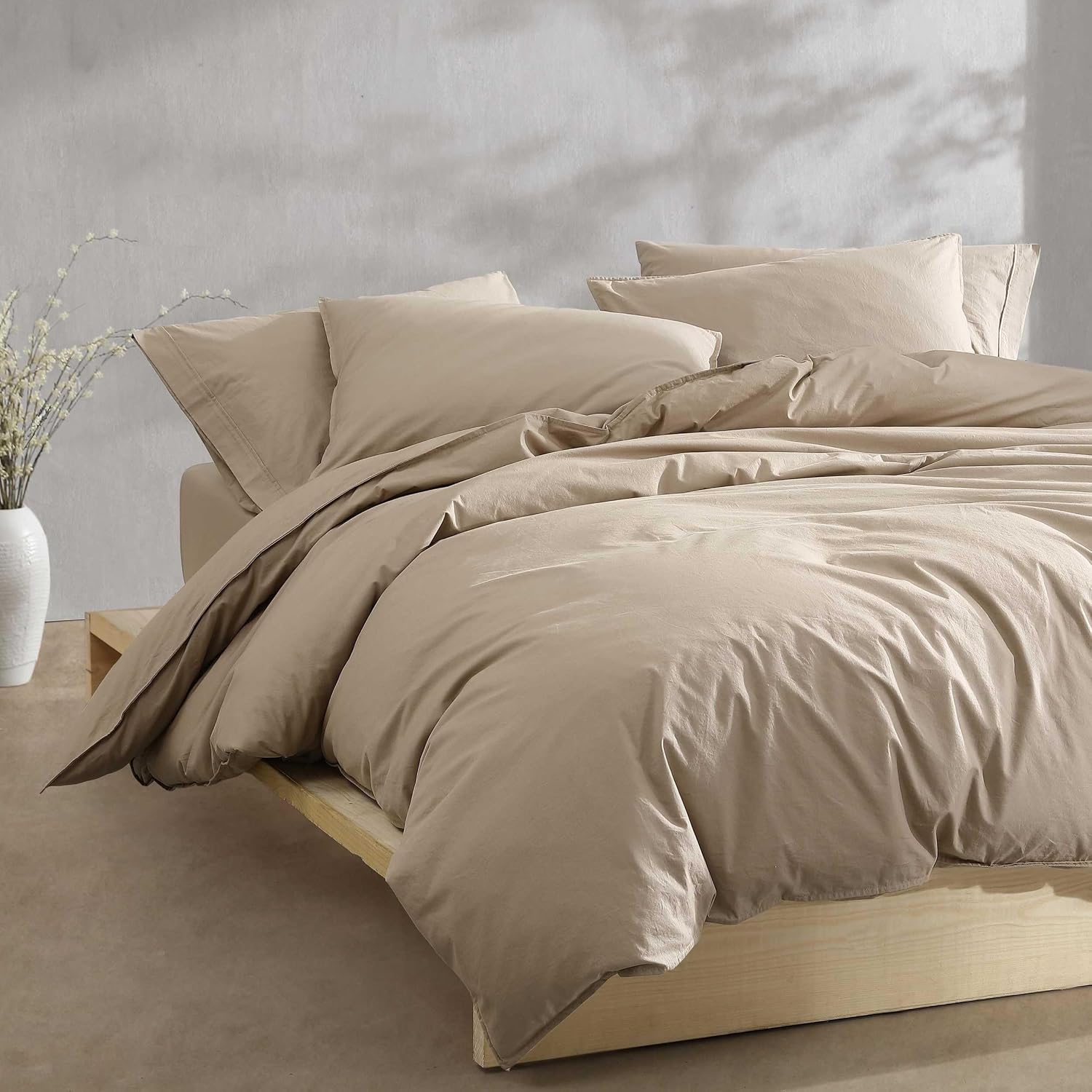 Calvin Klein - Queen Comforter Set, Modern Cotton Washed Percale Bedding with Matching Shams, Oeko-Tex Certified (Washed Percale Camel Brown, Queen)