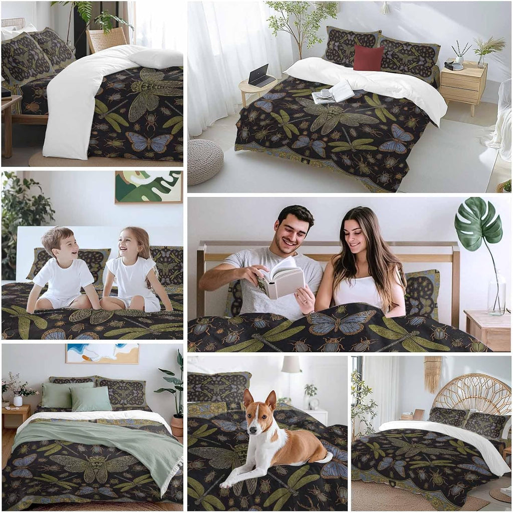 Retro Animal Duvet Cover Set Queen Size 4 Pieces Gold Dragonfly Butterfly Geometric Floral Black Bedding Set with Zipper Closure, 1 Comforter Cover 90x92 Inches 1 Flat Sheet & 2 Pillow Cases