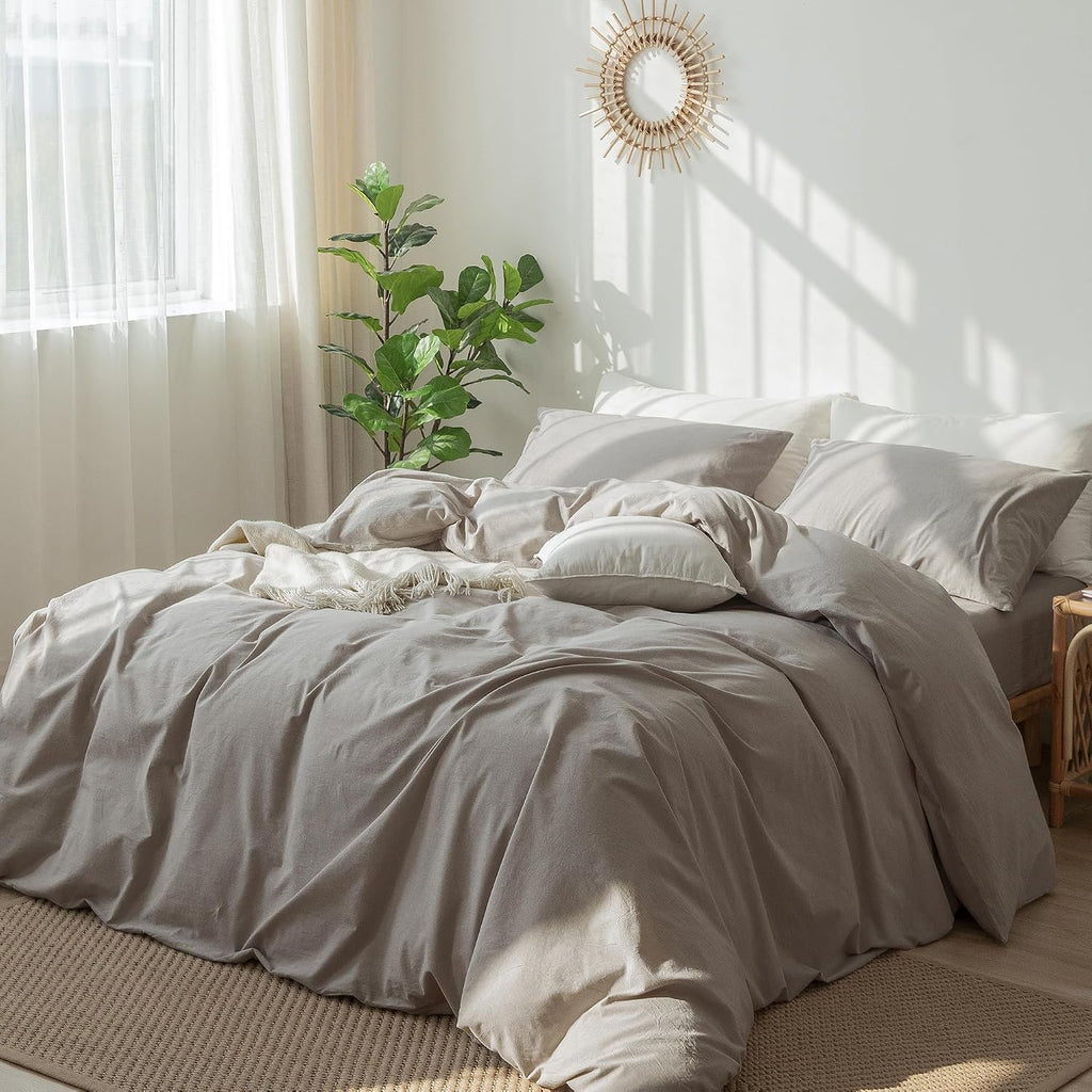 MooMee Bedding Duvet Cover Set 100% Washed Cotton Linen Like Textured Breathable Durable Soft Comfy (Heathered Brownish Grey, Super King Plus 120'x120')