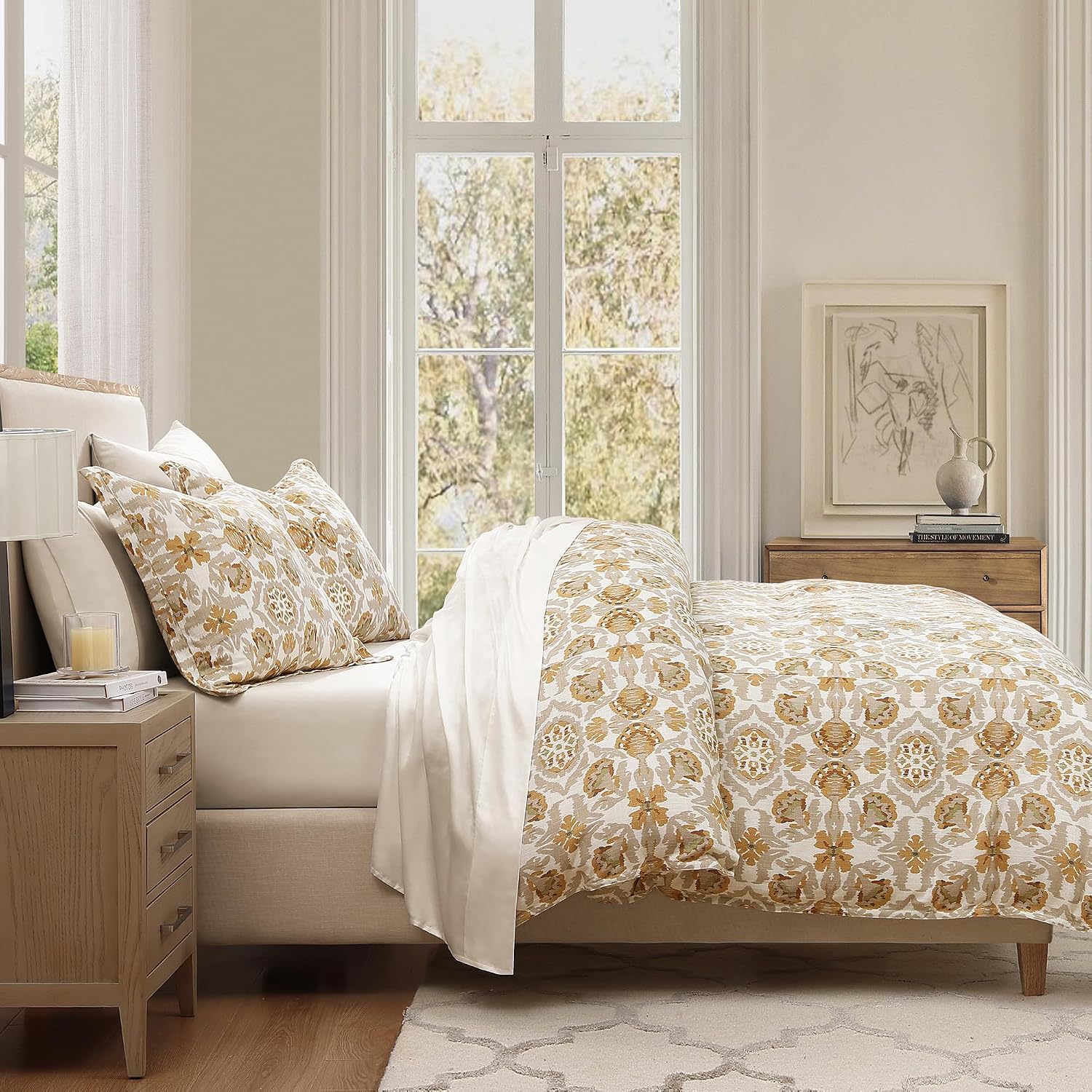 HiEnd Accents Andie Washed Linen Floral Comforter Set, 3 Piece Queen Size Bedding Set, Vintage Flower Print, Cream Tuscan Marigold Medallion Pattern, Chic Casual Classic Comforter with Pillow Shams