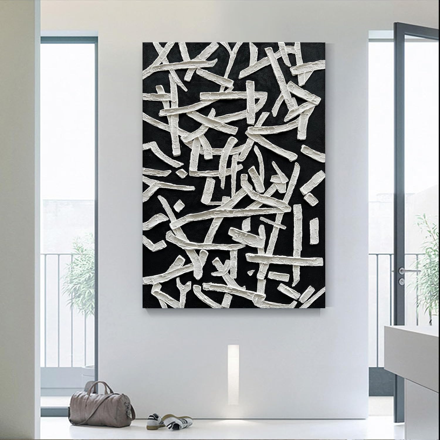 NANKAI Art Hand Painted Oil on Canvas in Black and White Modern Abstract Minimalist Oil Painting Home Wall Art Deco 45x30 inches