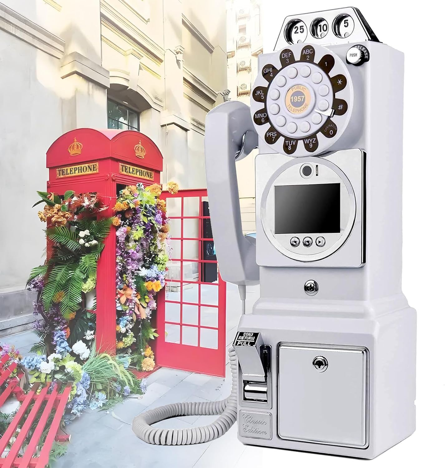 Wall Mounted 1080P Video Audio Guestbook 32G/64G Vintage Telephone Booth Decoration, 3.5 Inch Screen, for Wedding Bridal Shower, Birthday, Graduations, Creative ornaments 18.11x 6.3x 5.12'',White-32G