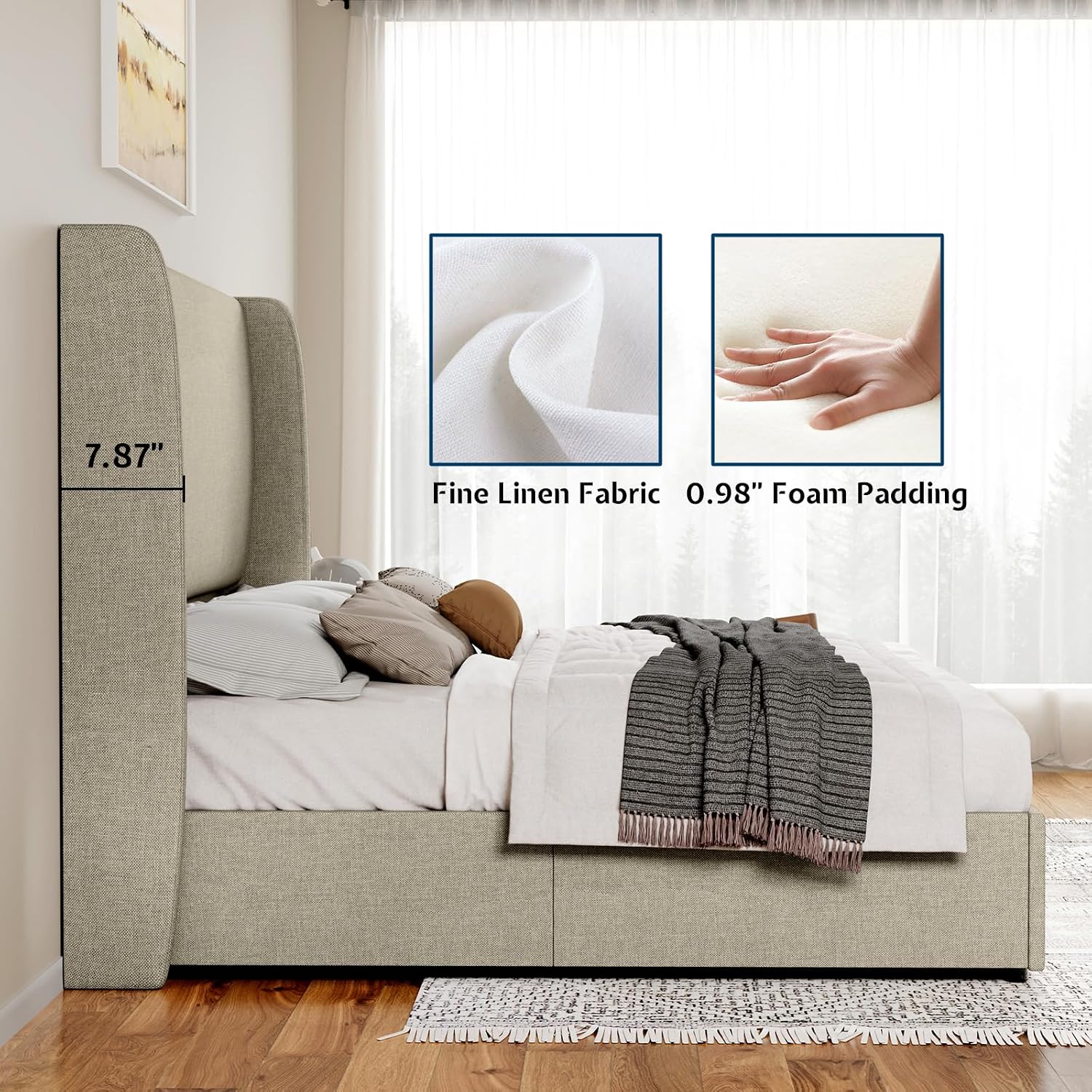 Jocisland King Size Upholstered Platform Bed Frame with Hydraulic Lift Storage, Wingback Headboard, Wood Slats Support, No Box Spring Needed, Linen Khaki