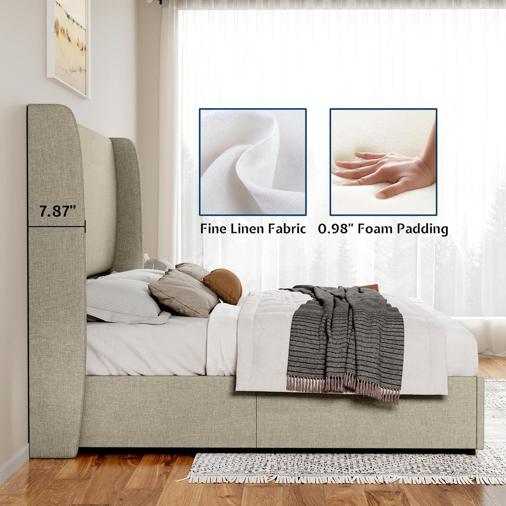 Jocisland Queeen Size Upholstered Platform Bed Frame with Hydraulic Lift Storage, Wingback Headboard, Wood Slats Support, No Box Spring Needed, Linen Off Khaki