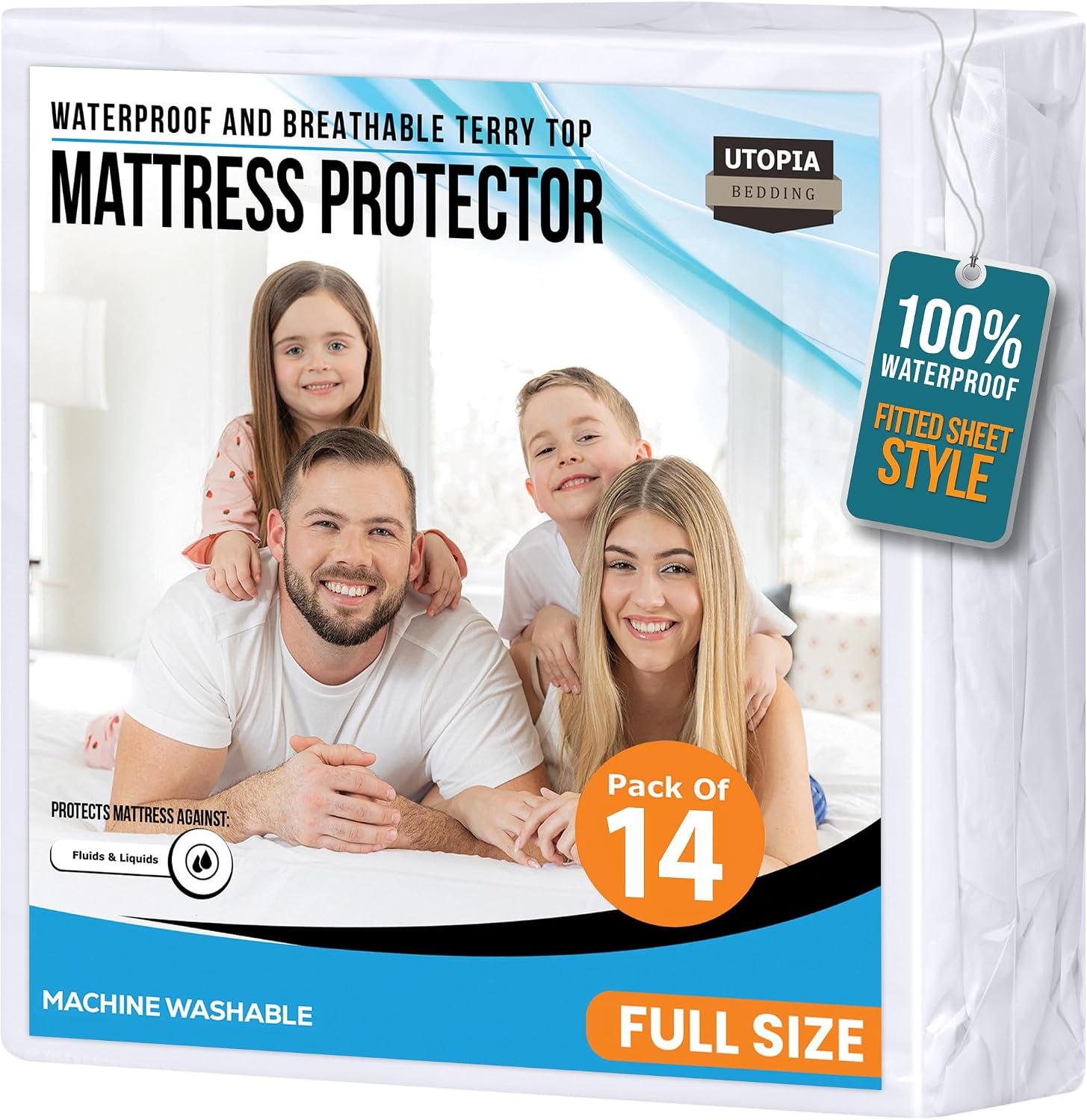 Full Size Mattress Protector Waterproof 14 Pack, Premium 200 GSM Terry Mattress Cover, Soft & Breathable Bed Cover, Fitted Sheet Style Stretchable Deep Pockets 15' by Utopia Bedding (White)