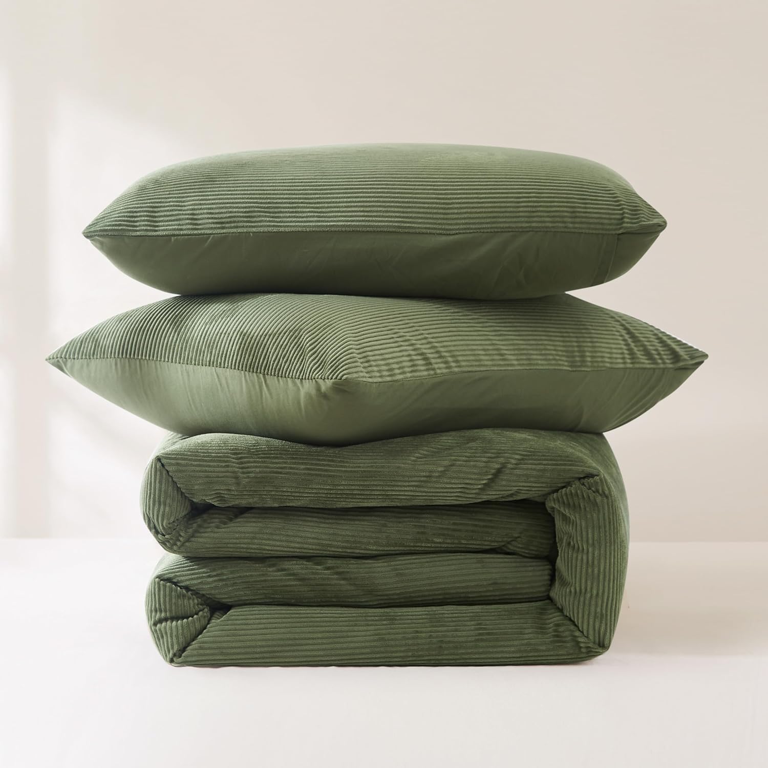 Lush Decor Arden Ribbed Corduroy Comforter 3 Piece Set Full/Queen Olive - Green Bedding Set - Soft Velvet Comforter - Teen Bedding - Retro Decor