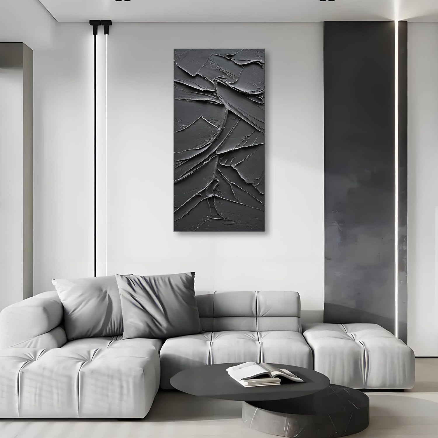 NANKAI Art Hand Painted Black Canvas Wall Art 48x24 inch Abstract Modern Oil Painting Contemporary Textured Wall Art Minimalist Artwork Home Decor