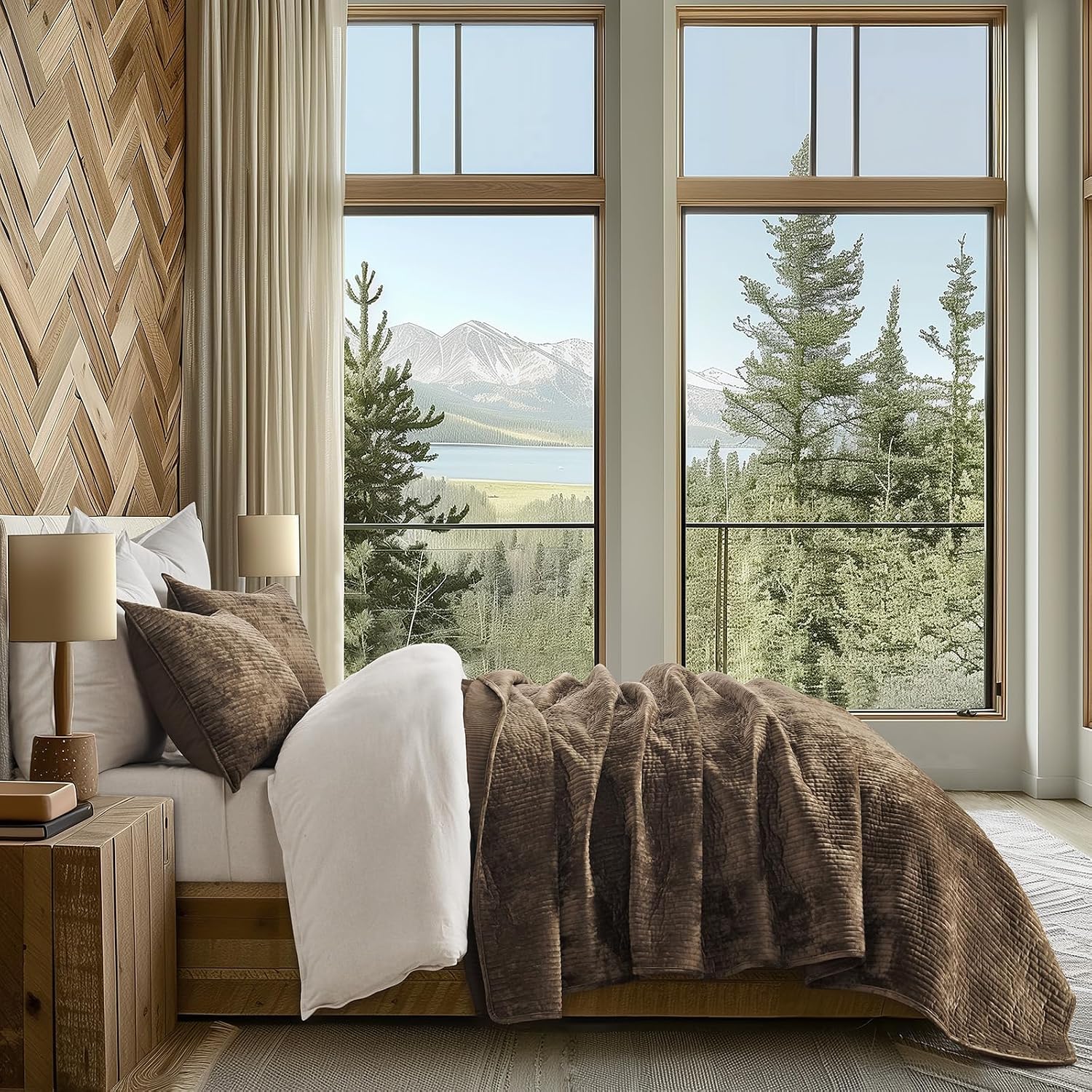 EverGrace Velvet Quilt Set California King 118'' x 106'', Luxurious Soft Bedding Sets, Lightweight Velvet Comforter for All Season, Striped Oversized Bedspread Coverlet w/ 2 Shams, Mushroom Brown