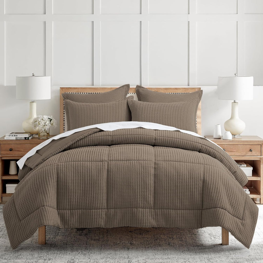Levtex Home Mills Waffle Full/Queen Comforter Set (90x94in) with 2 Pillow Shams (26x20in) - Latte - 100% Cotton Full/Queen Size Comforter Set - Soft, Pre-Washed