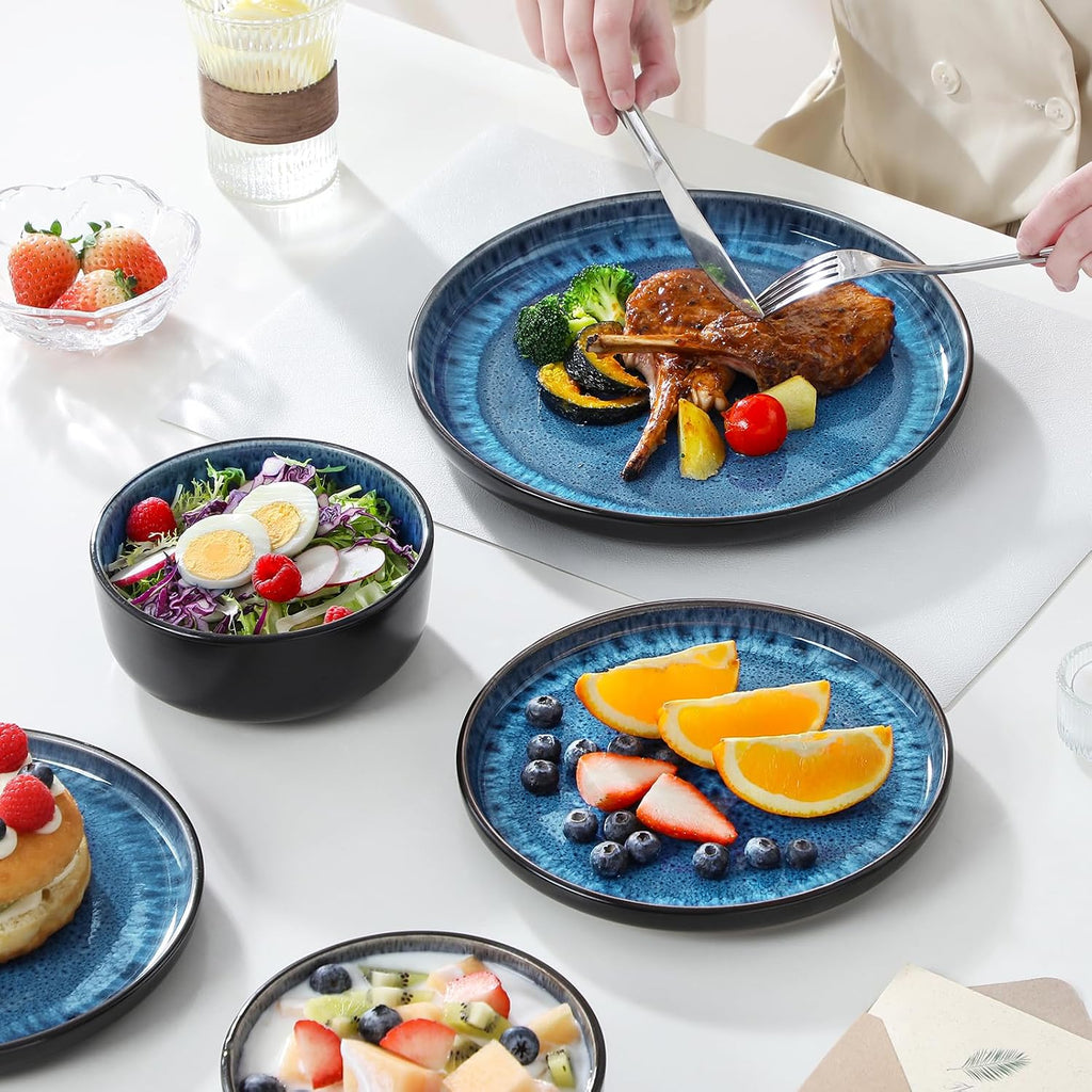 vancasso PLAYA Plates and Bowls Sets, 24 Pieces Blue Dinnerware Sets for Kitchen, Reactive Glaze Dishes Set for 8, Dishwasher and Microwave Safe