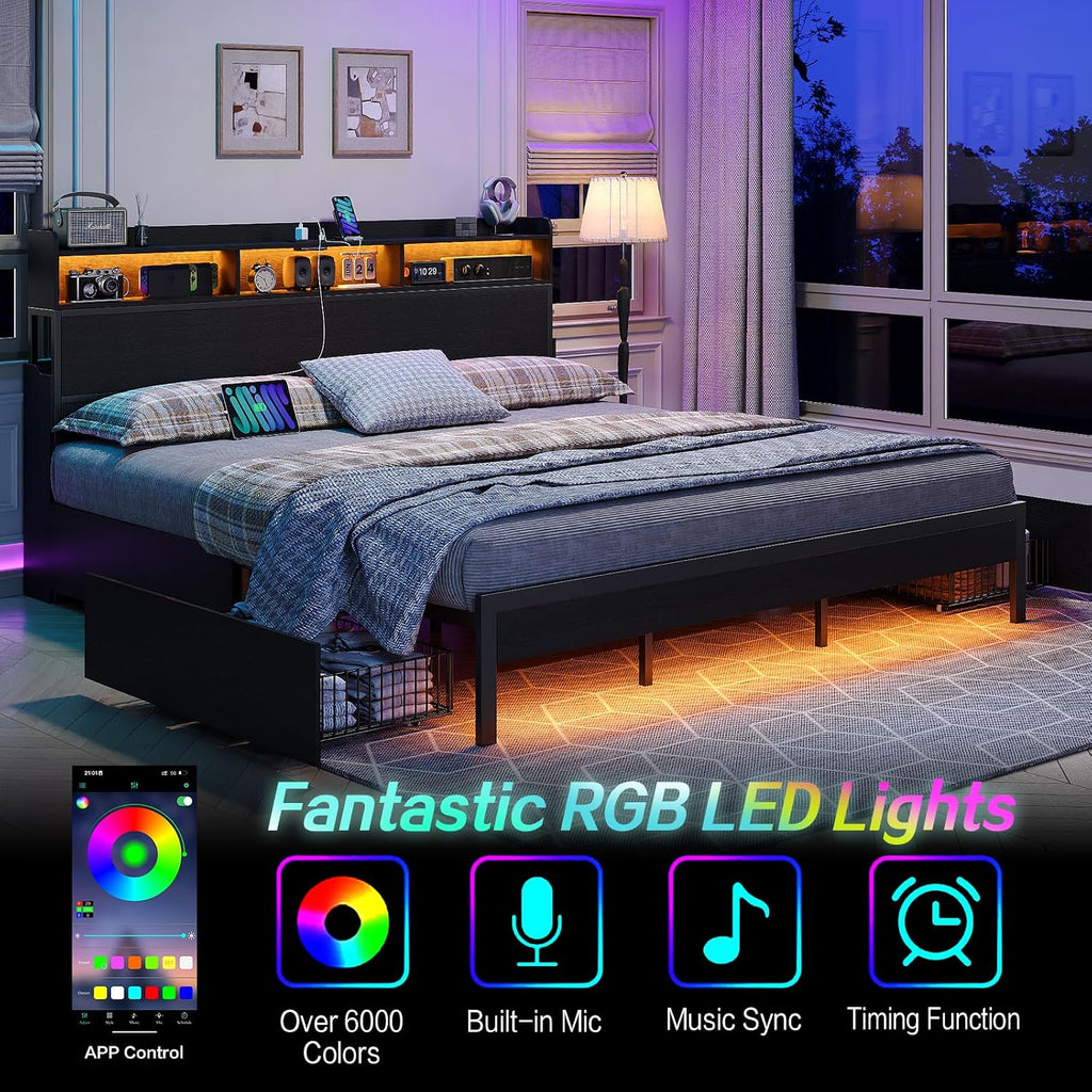 King Size Bed Frame with 4 Storage Drawers & 2 Hidden Nightstands, Platform Bed with RGB LED Lights & USB Charging Station, No Box Spring Needed, Noise-Free, Black