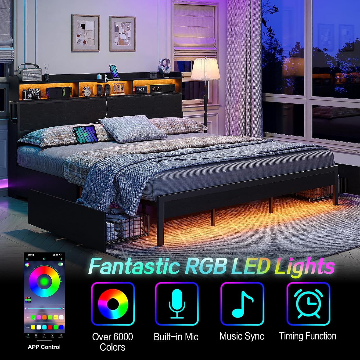 King Size Bed Frame with 4 Storage Drawers & 2 Hidden Nightstands, Platform Bed with RGB LED Lights & USB Charging Station, No Box Spring Needed, Noise-Free, Black