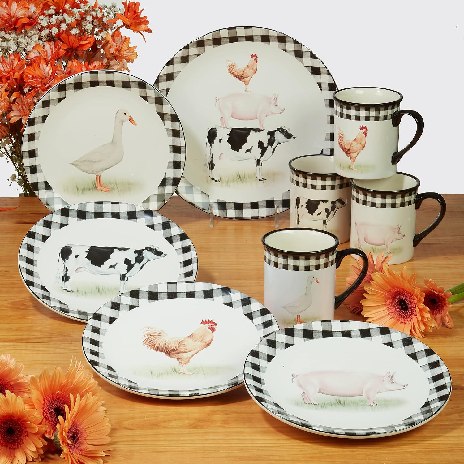 On the Farm 16-Piece Dinnerware Set – Country Farmhouse Plates, Bowls & Mugs for 4 – Ceramic Dinnerware Featuring Cow, Pig, Rooster, Duck & Gingham Design – Rustic Kitchen Tableware