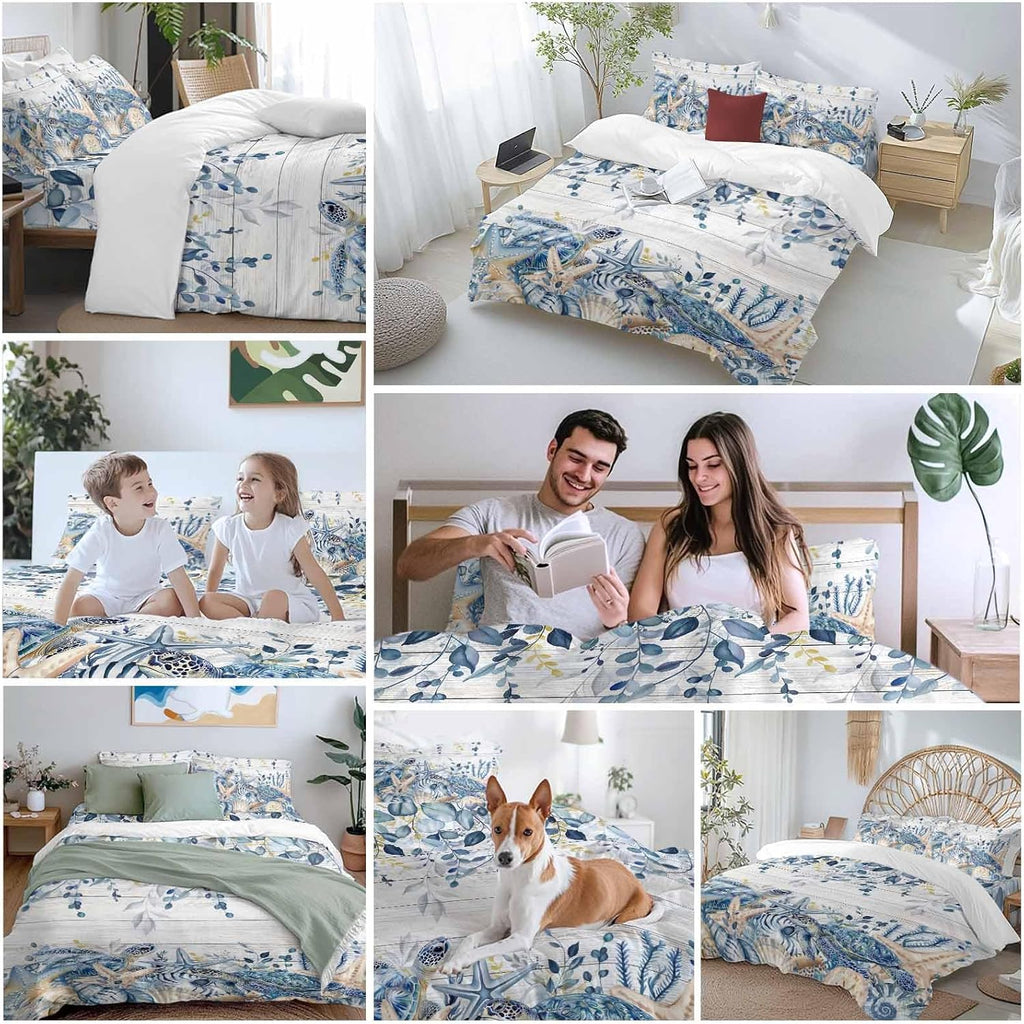 Prime Leader Ocean Turtle Duvet Cover Set Queen Size 4 Pieces Retro Sea Stars Shells Blue Leaf Wood Grain Bedding Set with Zipper Closure, 1 Comforter Cover 90x92 Inches 1 Flat Sheet & 2 Pillow Cases