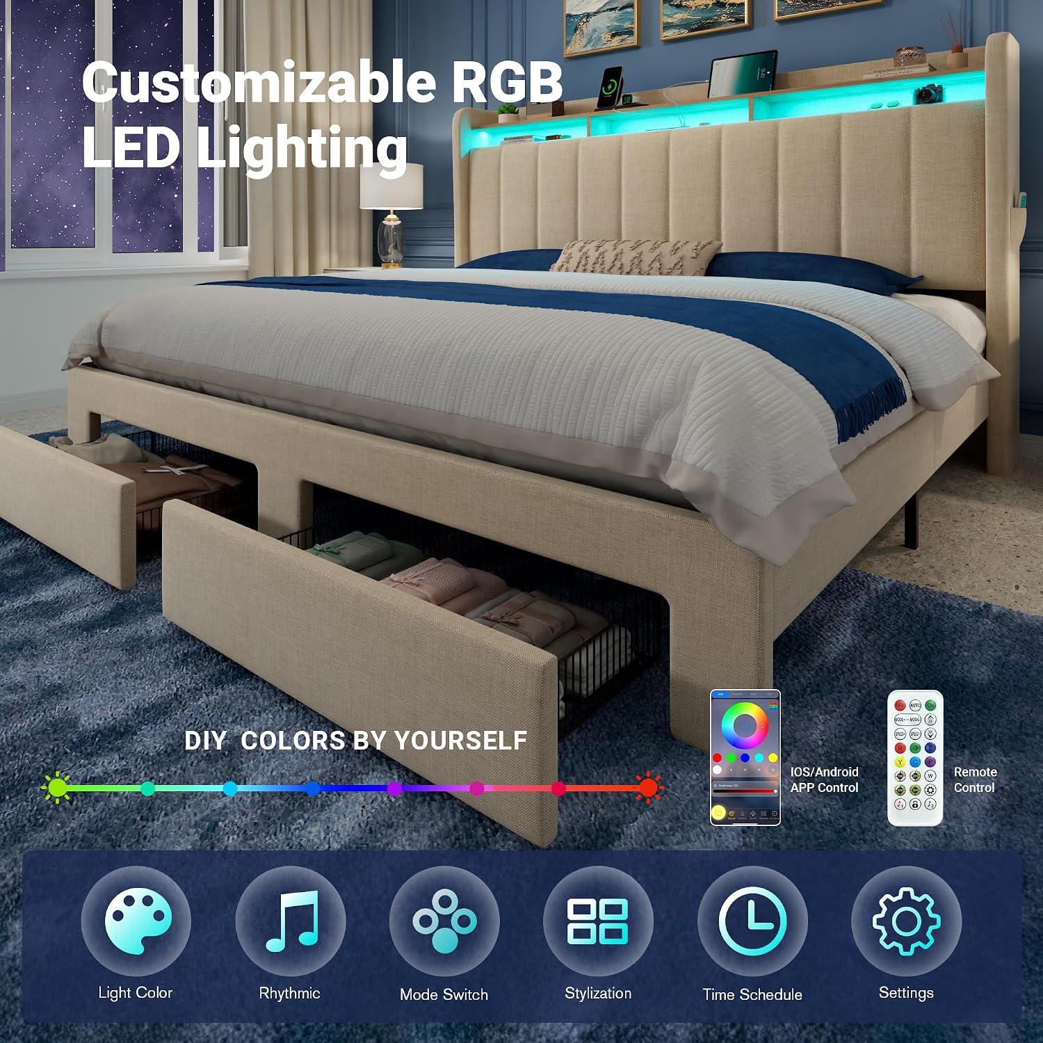 Allewie King Size Bed Frame with 2-Tier LED Storage Headboard, Upholstered King Platform Bed Frame with 2 Storage Drawers, USB & Type-C Charging Ports, Noise-Free/No Box Spring Needed, Beige
