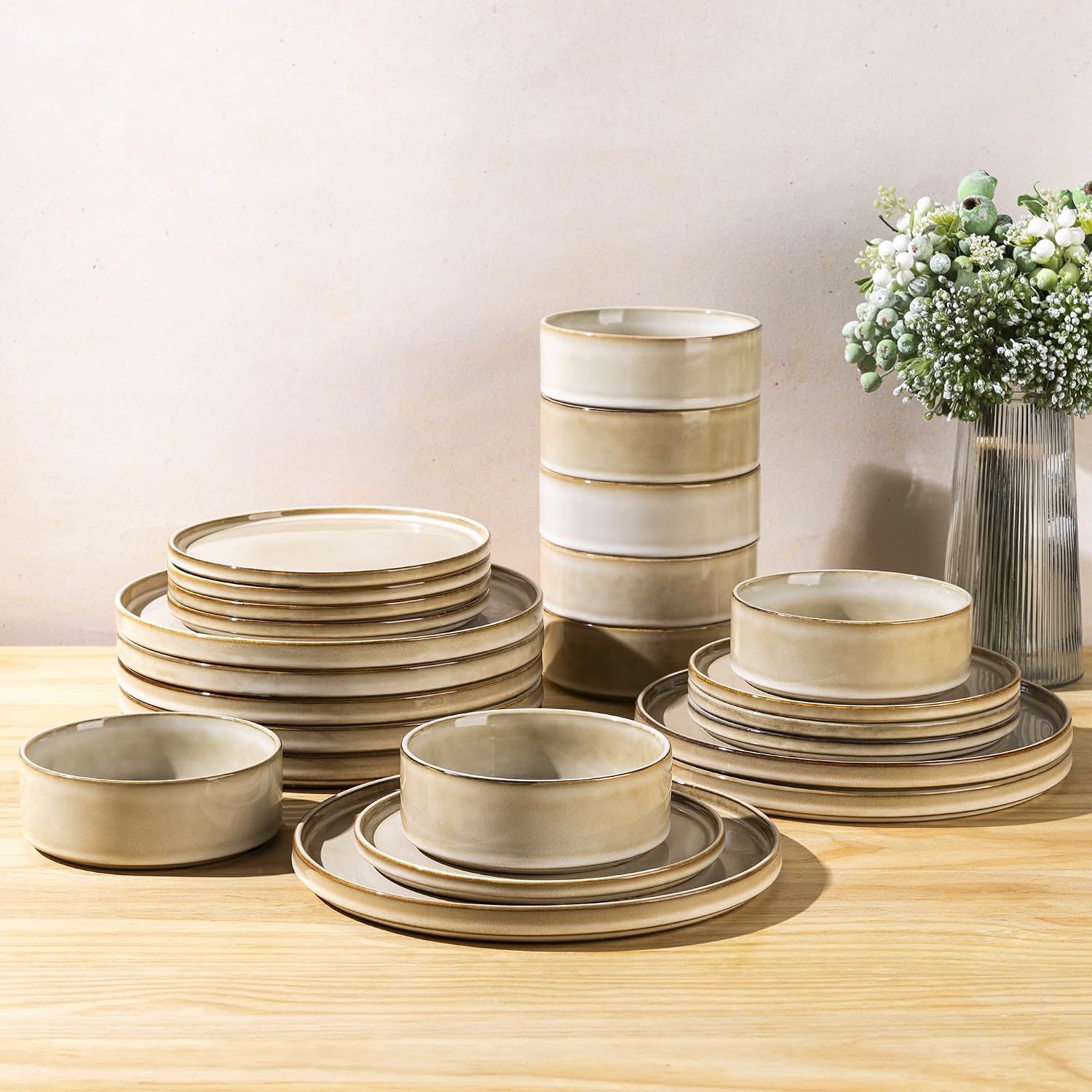 AmorArc Ceramic Dinnerware Sets, Handmade Reactive Glaze Stoneware Plates and Bowls Sets,Highly Chip and Crack Resistant | Dishwasher & Microwave Safe Dishes Set, Service for 8 (24pc)