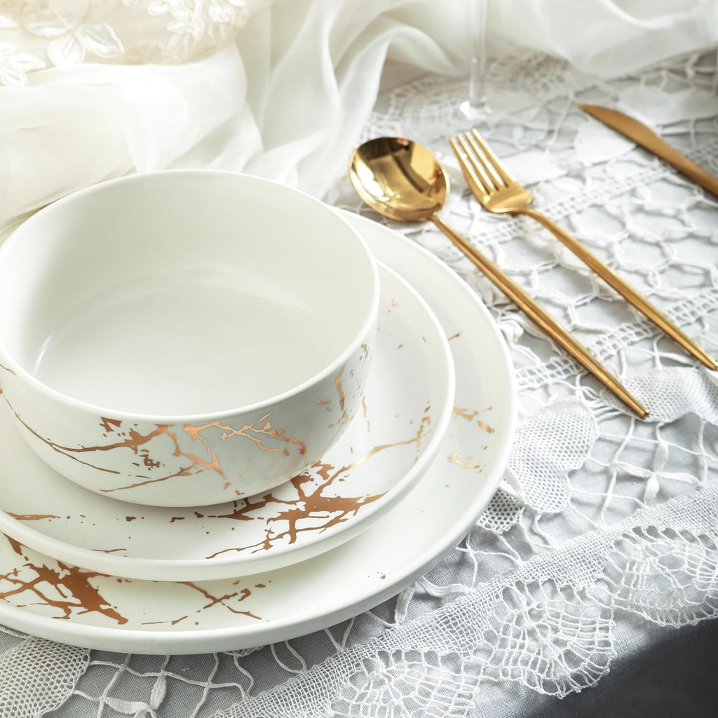 Stone Lain Porcelain 32 Piece Dinnerware set, 8 Full White Gold Splash Sets