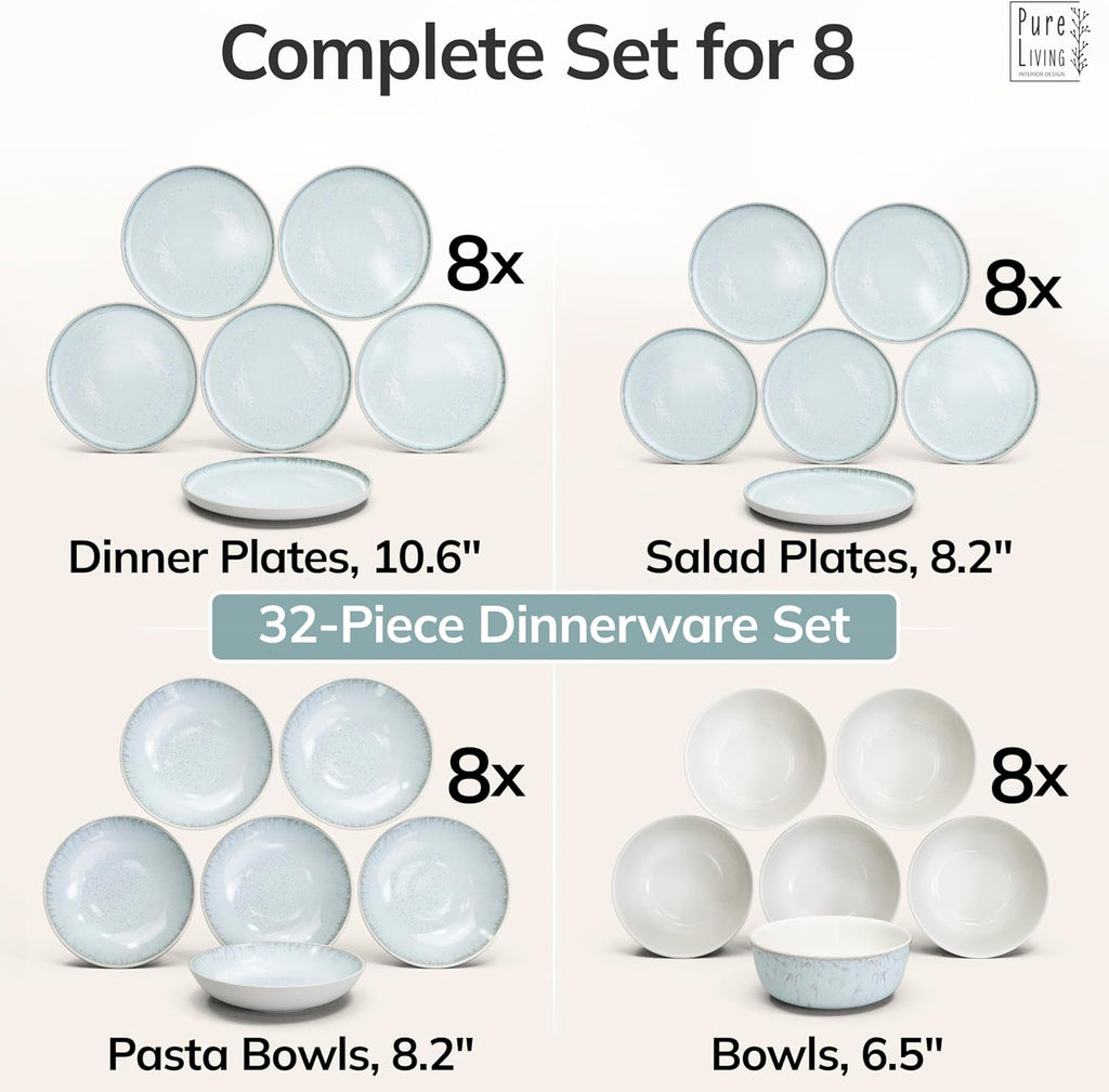 Stoneware dinnerware set 8 persons 32 pcs – Modern style plates and bowls set ceramic – Dishwasher safe and scratch resistant – Bowl and plate set – Dinner service Pure Living beige & blue