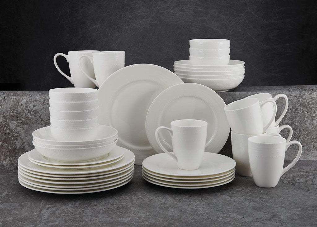 Mikasa Annabel Bone China Dinnerware Set, 40-Piece Service for 8, White Hobnail Detail, Dinner Plates, Salad Plates, Bowls and Mugs, Dishwasher and Microwave Safe