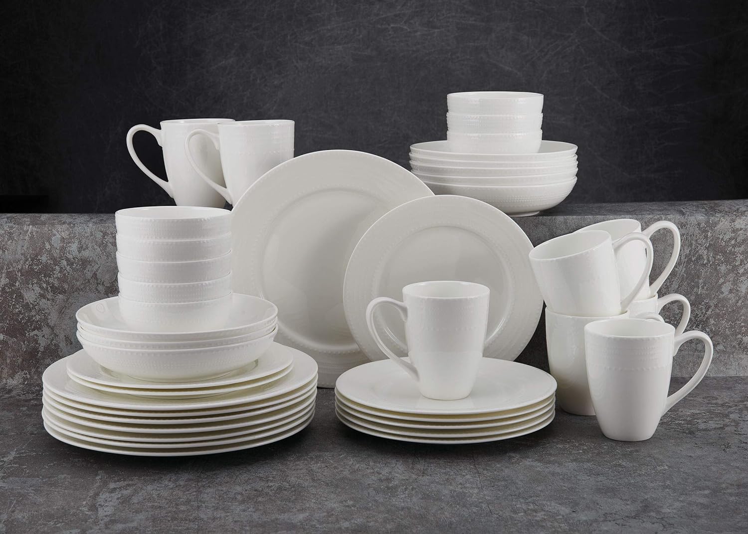 Mikasa Annabel Bone China Dinnerware Set, 40-Piece Service for 8, White Hobnail Detail, Dinner Plates, Salad Plates, Bowls and Mugs, Dishwasher and Microwave Safe