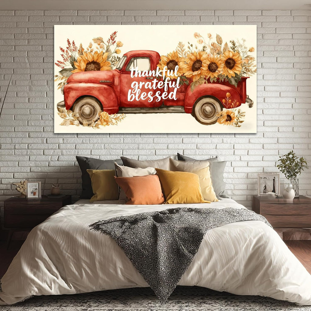 TIMUBA Farmhouse Truck Wall Art, Country Red Truck Sunflower Floral Canvas Wall Decor, Vintage Truck Sunflower Painting Pictures, Rustic Old Car Artwork Prints for Home Farm Decorations 60x30 Inches