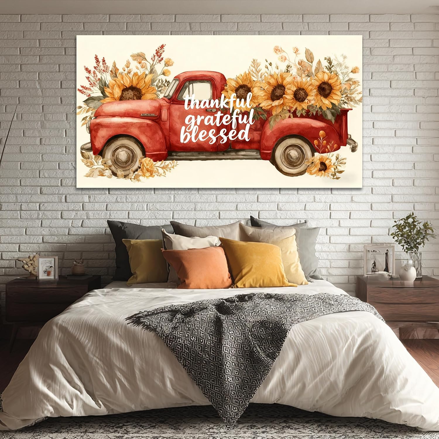 TIMUBA Farmhouse Truck Wall Art, Country Red Truck Sunflower Floral Canvas Wall Decor, Vintage Truck Sunflower Painting Pictures, Rustic Old Car Artwork Prints for Home Farm Decorations 60x30 Inches
