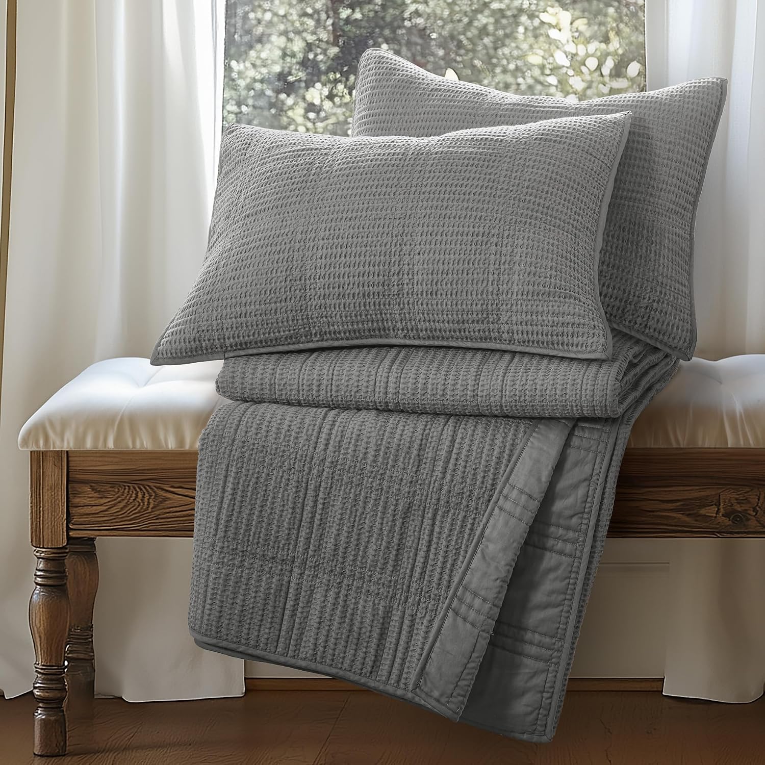 Levtex Home Cloud Waffle Full/Queen Quilt Set (88x92in) and 2 Pillow Shams (26x20in) - Box Quilted Waffle Cotton Texture - Grey - Cotton Full/Queen Size Quilt Bedding Set - Lightweight Soft Pre-Washed