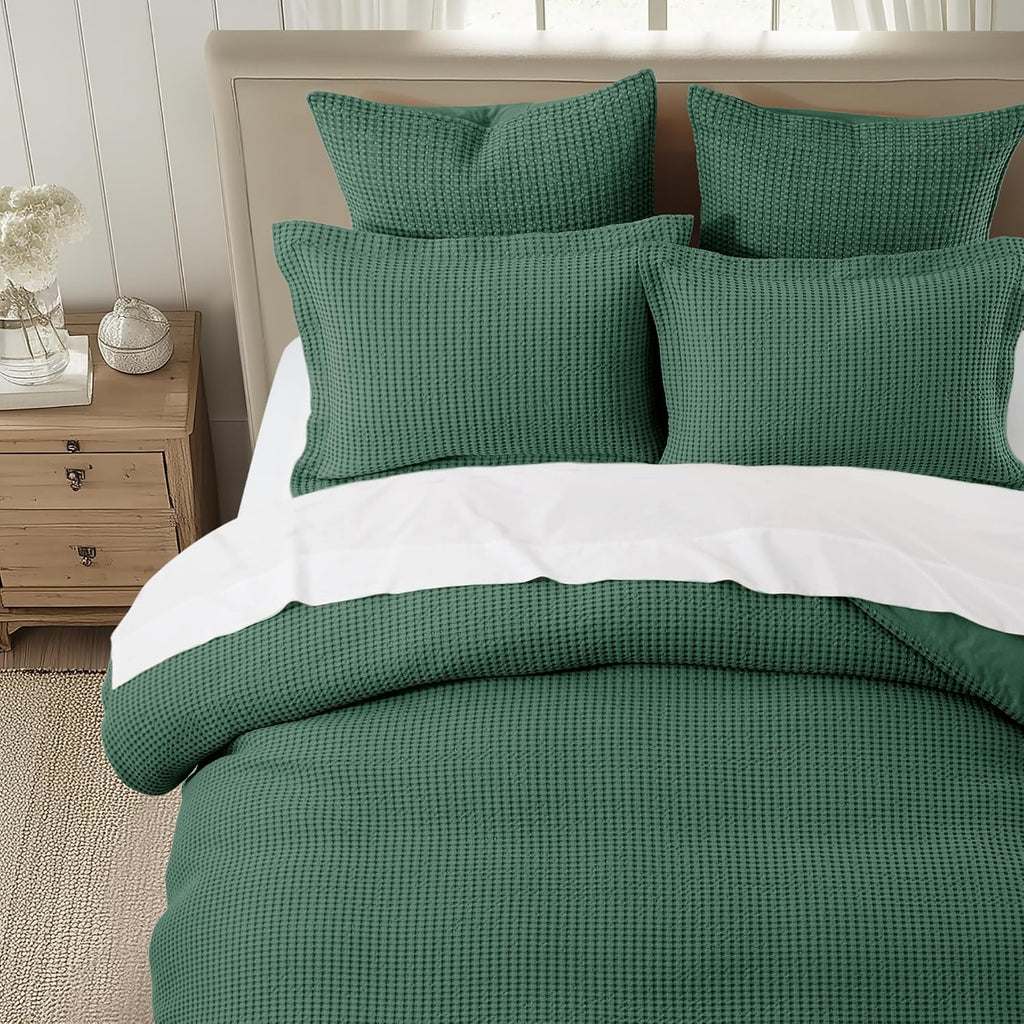 Levtex Home Mills Waffle King Duvet Cover Set (106x94in) with 2 Pillow Shams (36x20in) - Forest Green - Cotton King Size Duvet Cover Set - Soft, Pre-Washed