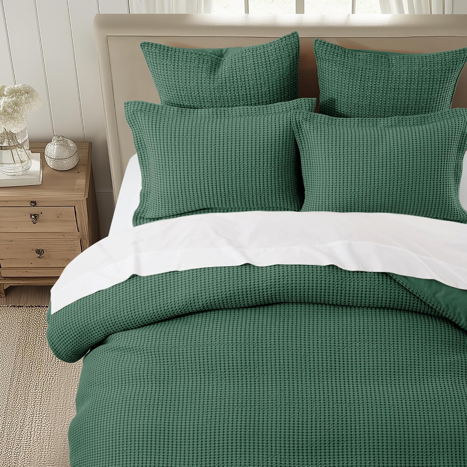 Levtex Home Mills Waffle King Duvet Cover Set (106x94in) with 2 Pillow Shams (36x20in) - Forest Green - Cotton King Size Duvet Cover Set - Soft, Pre-Washed