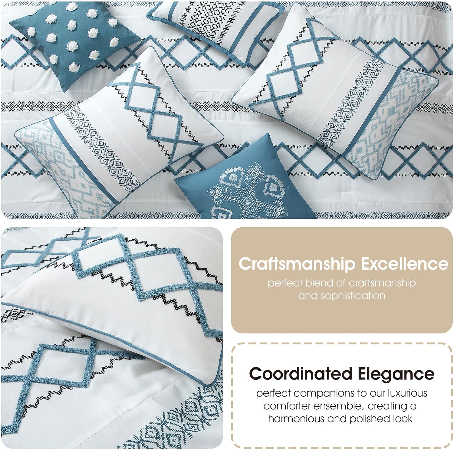 Grand Avenue Blue Comforter Set King Size, 7 Piece Terry Embroidery All Season Bedding Set, Bedskirt, Pillows & Shams