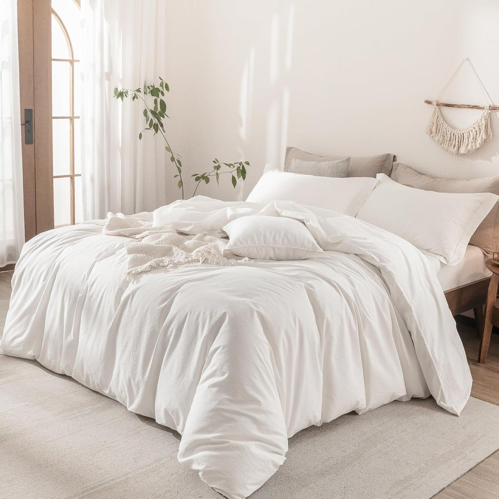 Linen Feel Duvet Cover Super King Plus Size 120inch x 120inch,100% Washed Cotton Duvet Cover with Zipper Closure and 2 Pillowcases, Color of Off White