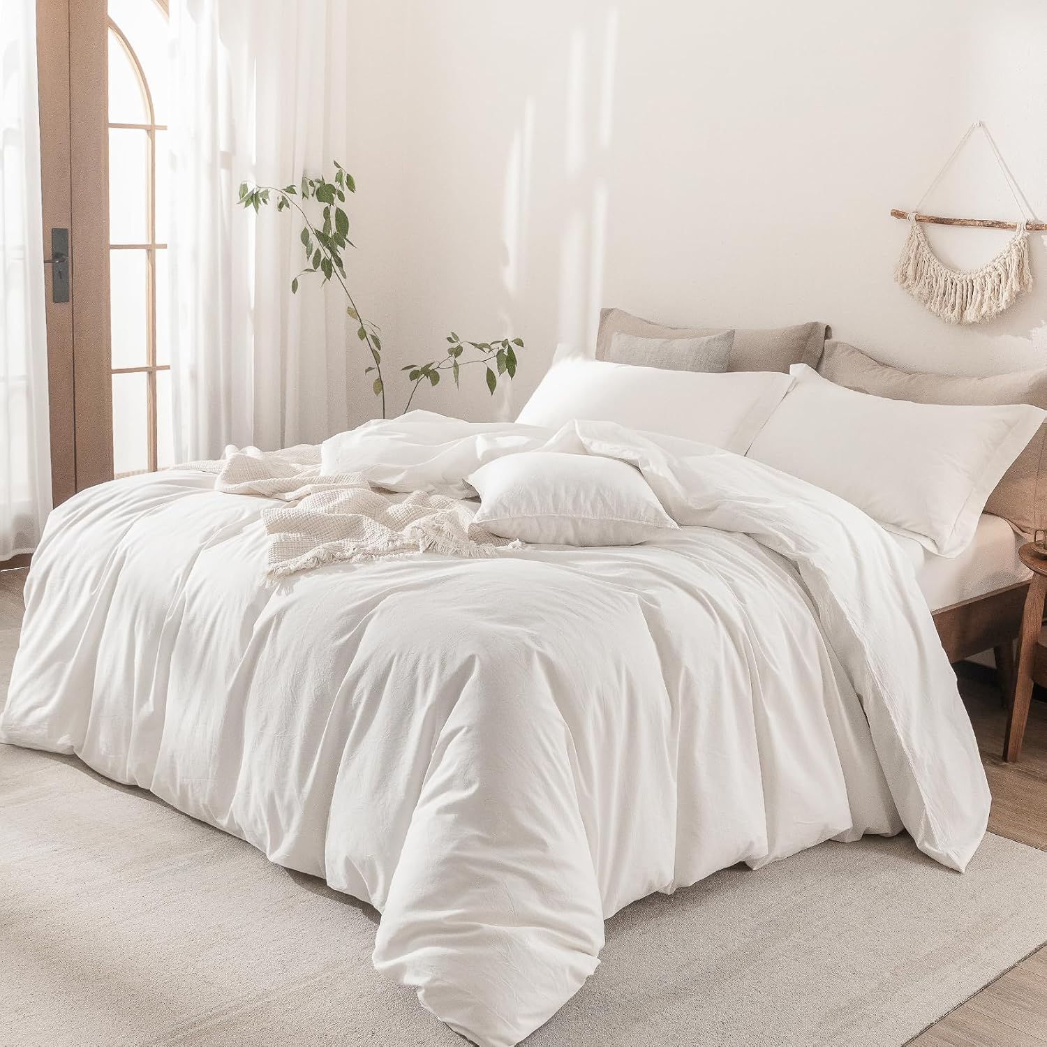 Linen Feel Duvet Cover Super King Plus Size 120inch x 120inch,100% Washed Cotton Duvet Cover with Zipper Closure and 2 Pillowcases, Color of Off White