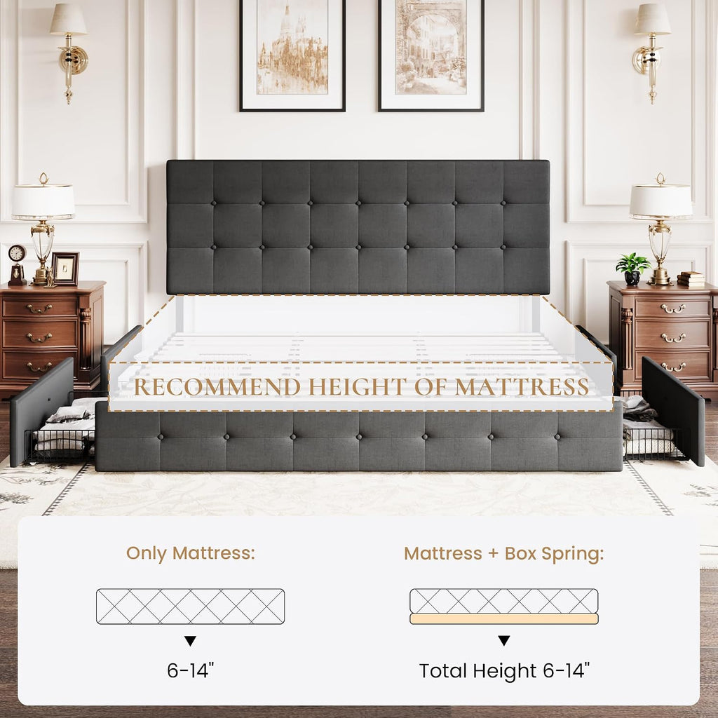 SHA CERLIN Upholstered King Size Platform Bed Frame with 4 Storage Drawers, Adjustable Headboard with Square Stitched Button Tufted Design, Wooden Slat Support, No Box Spring Needed, Dark Grey