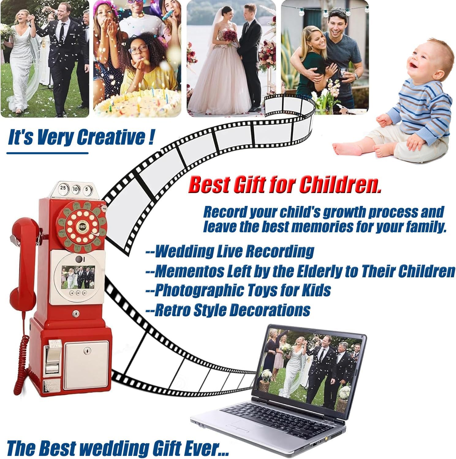 1080P Video Guestbook Wedding Phone, Retro Classic Audio Guestbook Record Customized Audio Messages with Guest Book Telephone for Parties Weddings Birthdays Rentals Confessions,Black-32G