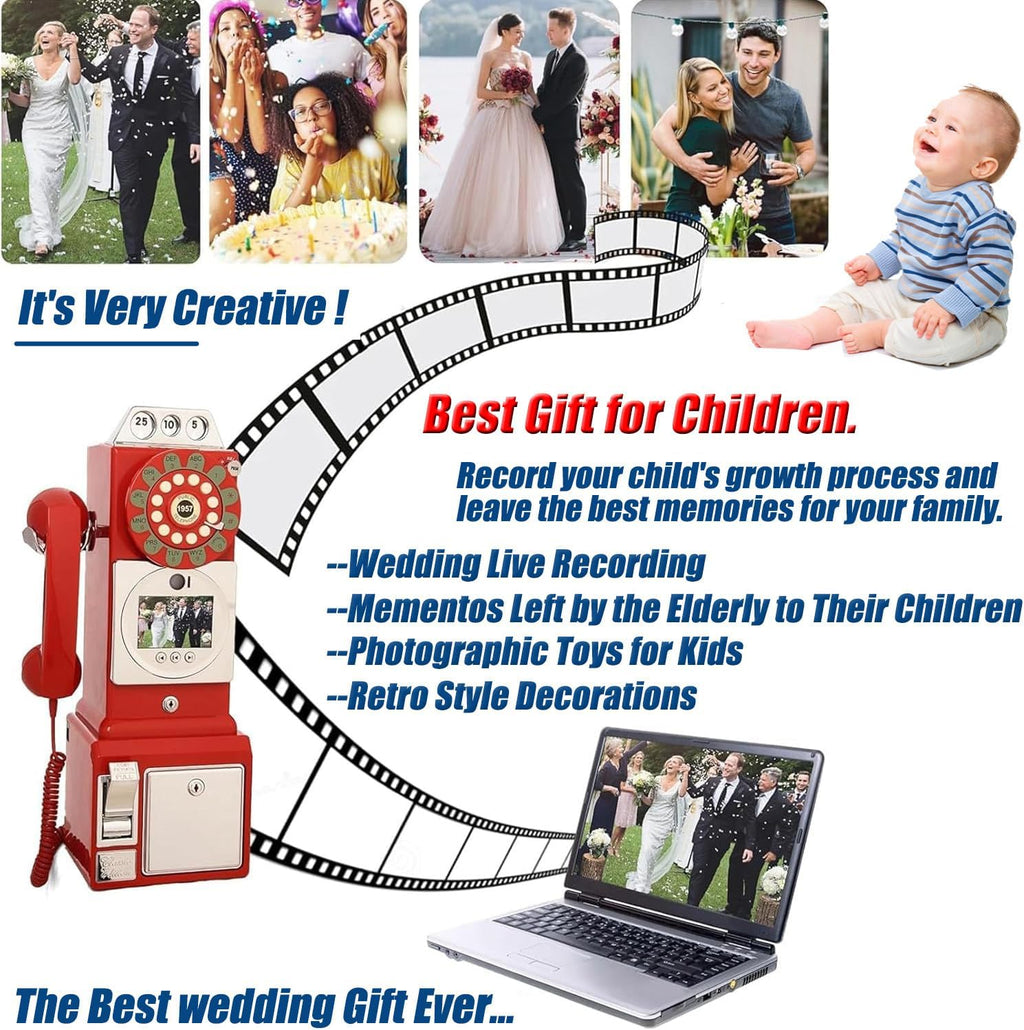 1080P Video Guestbook Wedding Phone, Retro Classic Audio Guestbook Record Customized Audio Messages with Guest Book Telephone for Parties Weddings Birthdays Rentals Confessions,White-32G