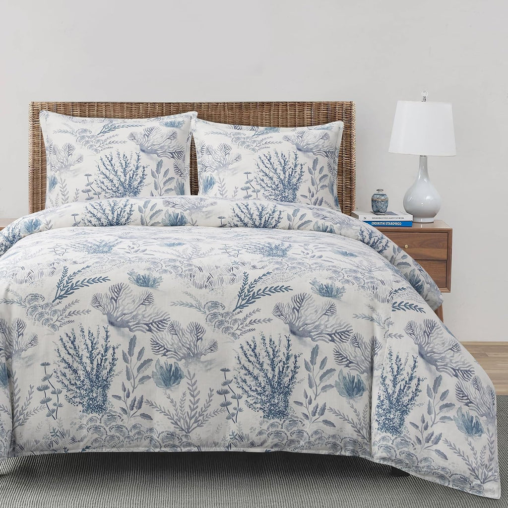 Hiend Accents Oceania Coastal Bedding 3 Piece Queen Comforter Set, Blue White Coral Print Linen Blend Bedding Set, Classic Chic Casual Bed Set, 1 Comforter and 2 Pillow Shams
