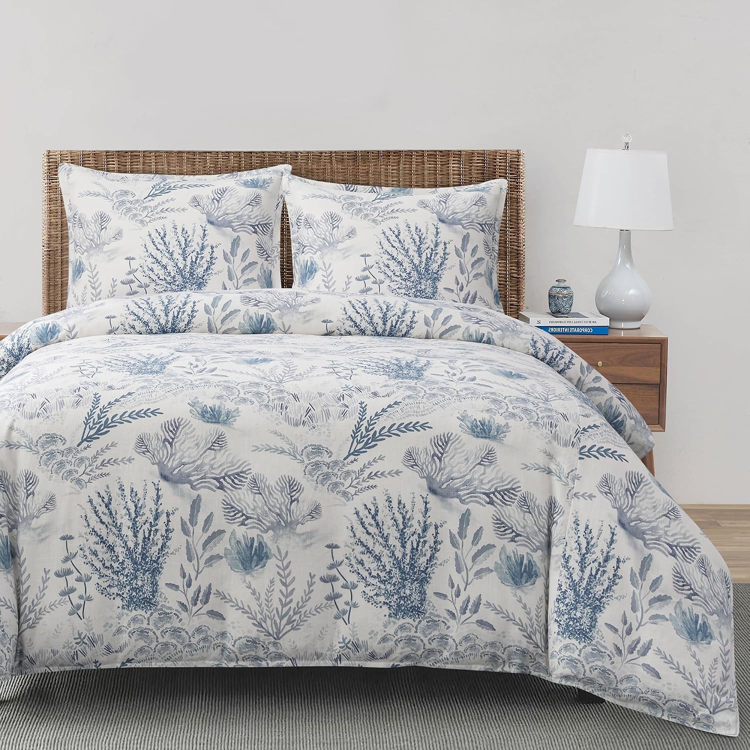 Hiend Accents Oceania Coastal Bedding 3 Piece Queen Comforter Set, Blue White Coral Print Linen Blend Bedding Set, Classic Chic Casual Bed Set, 1 Comforter and 2 Pillow Shams