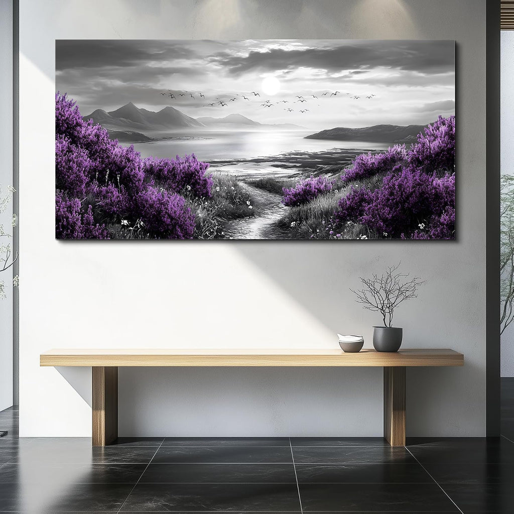 FUHAIHUA Canvas Wall Decor for Office Large Wall Art for Living Room Modern Bedroom Wall Decoration Purple Flowers Landscape Pictures Black and White Scenery Paintings Artwork Aesthetic Home Decor