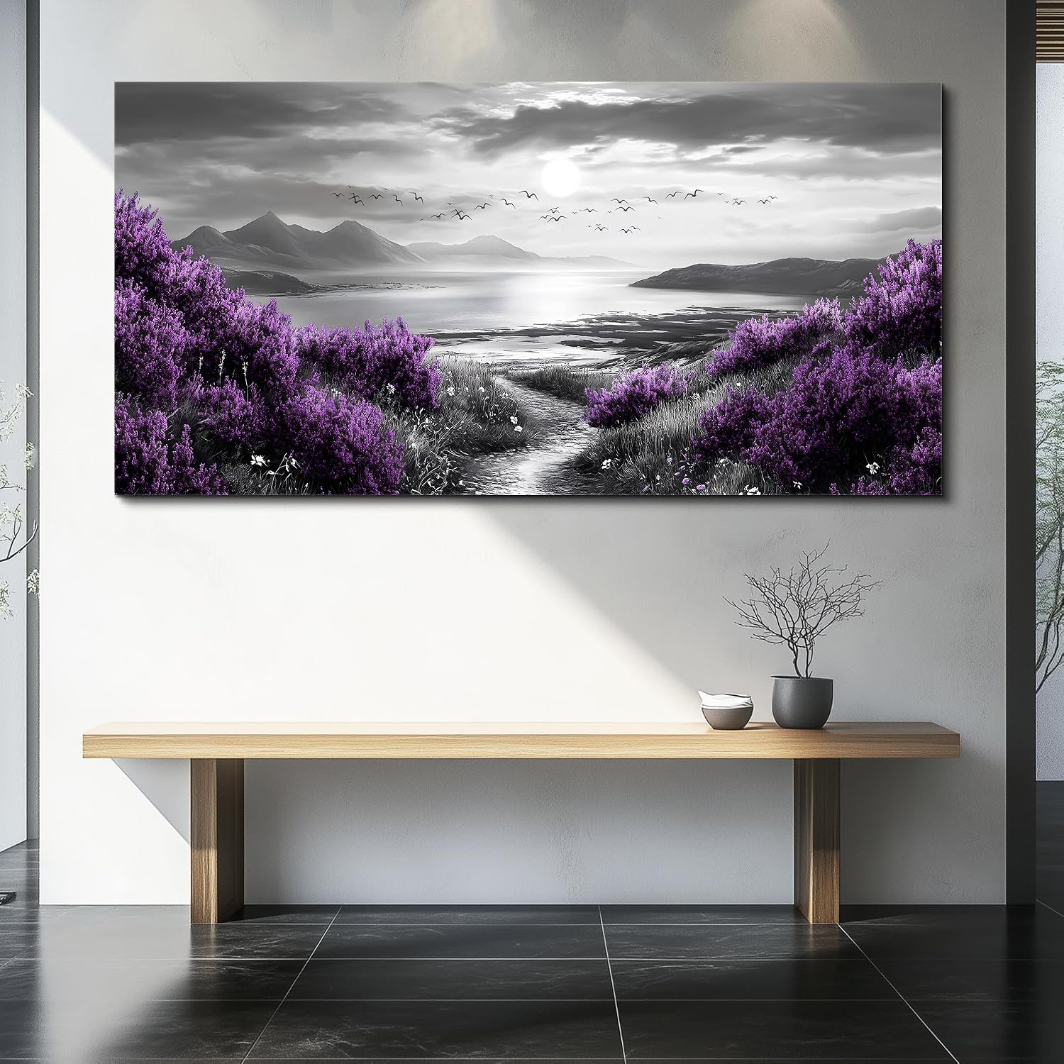 FUHAIHUA Canvas Wall Decor for Office Large Wall Art for Living Room Modern Bedroom Wall Decoration Purple Flowers Landscape Pictures Black and White Scenery Paintings Artwork Aesthetic Home Decor